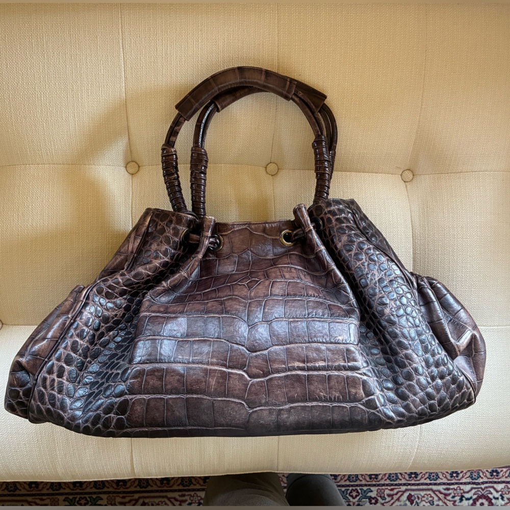 Authentic Giorgio Armani Dark Brown Crocodile-Embossed Matte Leather Tote